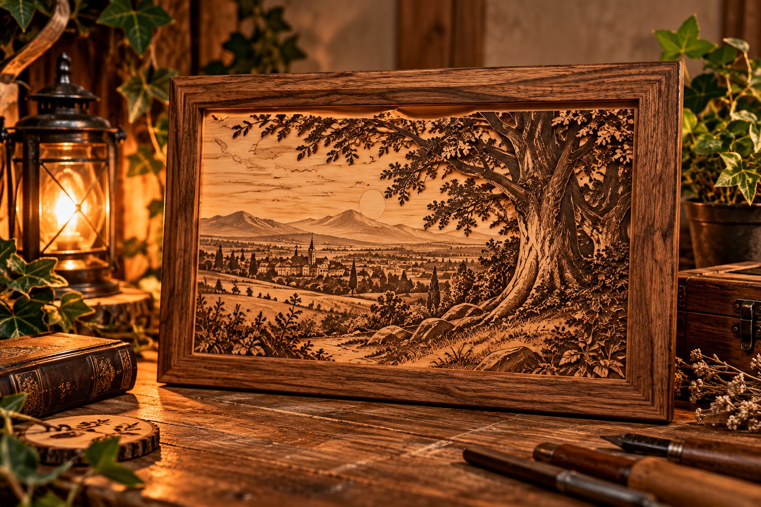 Cuadro de madera grabado con paisaje, árbol y pueblo