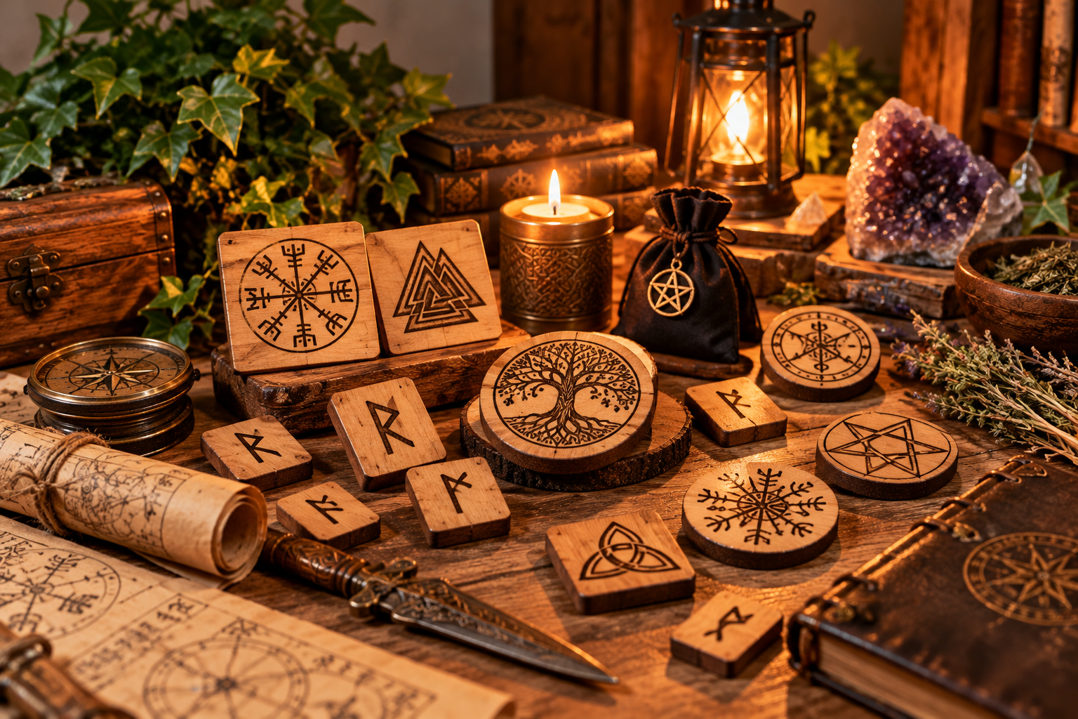 Runas y símbolos esotéricos grabados en madera